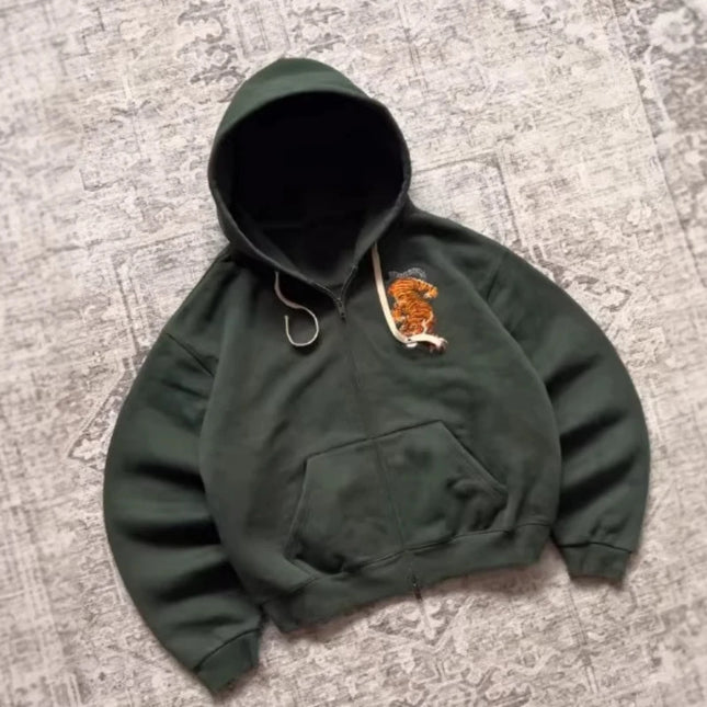 Men's and women's zippered hoodies, dark green tiger patterned hoodies, sportswear, casual streetwear, vintage tops, Spring and