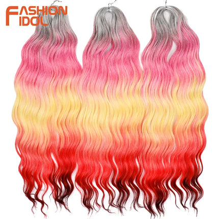 FASHION IDOL 24" 3pcs Deep Wave Curl Hair Synthetic Water Wave Braiding Hair Extensions Ombre Rainbow color Twist Crochet Hair