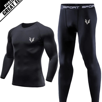 Men’s 2-Piece Long Sleeve Set – Fitted Raglan Top & Pants, White Deer Head Print for Gym & Training