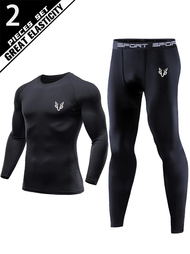 Men’s 2-Piece Long Sleeve Set – Fitted Raglan Top & Pants, White Deer Head Print for Gym & Training