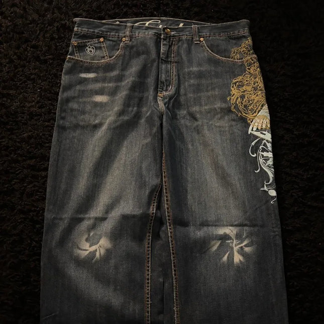 American New Fashion Oversize Pattern Embroidered Baggy Jeans Men Y2K Gothic Harajuku Hip Hop Straight High Waist Wide Leg Pants