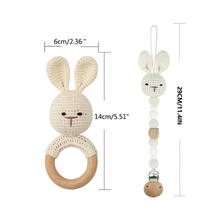Baby Rattle Crochet Bear Teether Rattle With Bells Pacifier Chain Newborn Montessori Educational Toy Wooden Rings Baby Toys