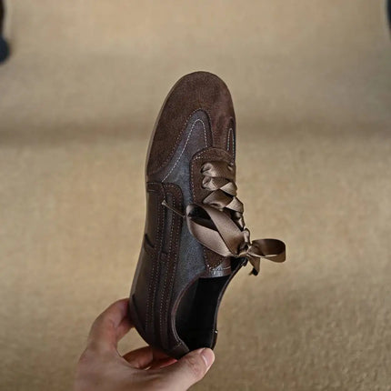 Suede Retro Lace Up Casual Flat Shoes Women Comfort Shallow Autumn Footwear Female Brown Genuine Leather Ballet Sneakers Women
