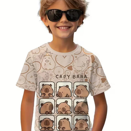 Cute Capybara Boy Clothes Cartoon Graphic Short Sleeve Tee Boy Child T-Shirt Summer Loose Top Fashion Kids Clothes Boys Clothing