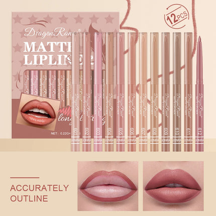 12-Piece Lip Liner Set for Outlining Lip Shapes, Beginner-Friendly, Natural and Delicate, Waterproof Matte Nude Lip Liner Set