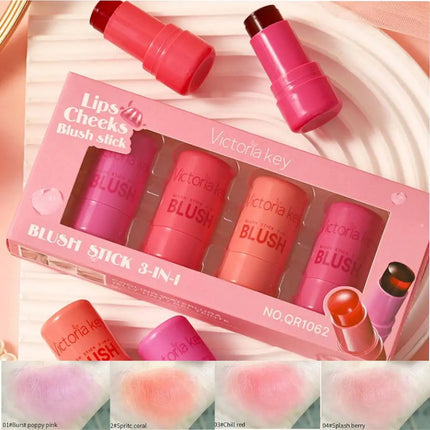 4pcs Original Jelly Blush Stick Milk Makeup Lasting Brightens Facial Cheek Stick Moisturizing Flash Lip Gloss Lip Gloss Face