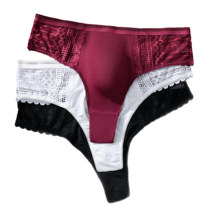 1pc Men's Sexy Lace Briefs Seamless Ice Silk G-String Underwear 3D Bulge Pouch Solid Thong High Elastic Breathable Panties