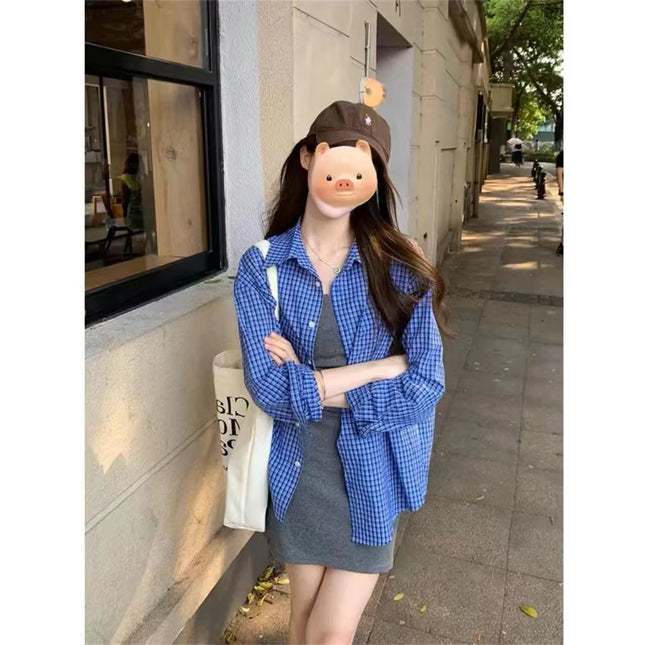 Blue Plaid Casual Sle Women's irt Jaet Loose Fit Autumn Outerwear Open Cardigan Top Seasonal Collection  Collar