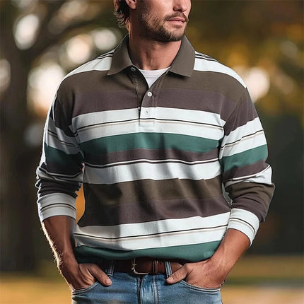 Casual Striped Graphic Polo Shirts For Men Simple Autumn Business 3D Printed Long Sleeve Golf Polo Loose Breathable Lapel Tops