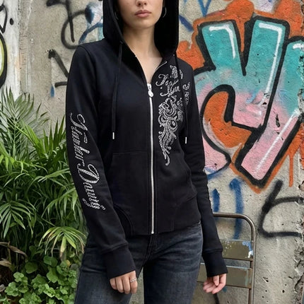 Women Rhinestone Eagle Wing Embellished Zip Up Hoodie Gothic Trend Rhinestone Embellished Jacket Y2K Street Retro Fashion Hoodie
