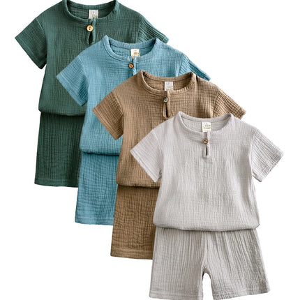 8-Piece Set Children's Clothing Boys & Girls Short Sleeve Summer Style Set Children's Cotton-Linen Button T-Shirt Shorts