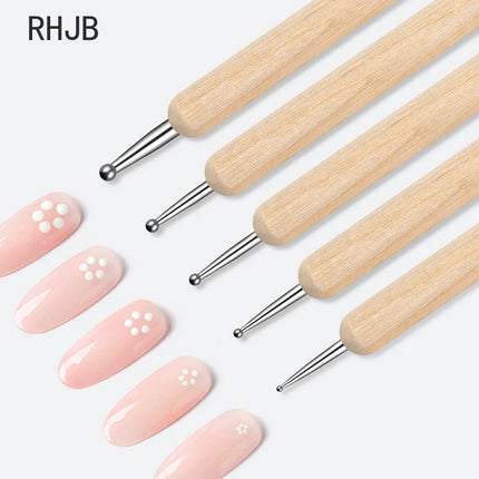 RHJB 10bag/50pcs Point Drill Pen Wooden Pen Bar Stirring Nail Polish Draw Five Petals Flower Polka Dot Double Head Stainless Bar