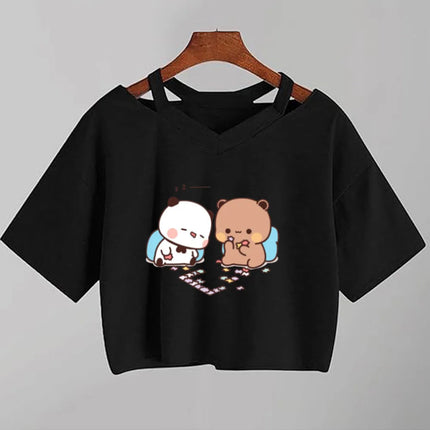 Kawaii Bubu Dudu Anime T Shirt Women Cartoon Panda Bear  Black Shirt Y2k  Aesthetic Female Crop Top