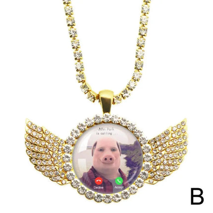 For John Pork Is Calling Answer Call Phone Humor Funny Pig Lover Graphic The Moon Necklace Angel Wings Pendant Necklace Jewelry
