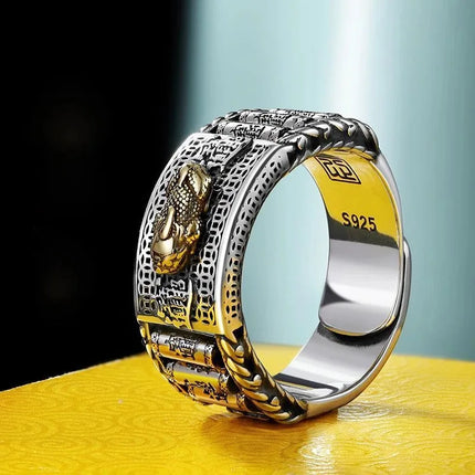 S925 Sterling Silver Retro Lucky Pixiu Rings Silver Open Adjustable Ring Traditional Culture Pixiu Ring for Women