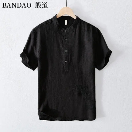 Chinese Style Spring and Summer Loose High-end Men's Linen Short-sleeved Cotton Linen Casual Breathable Shirt Collar T-shirt