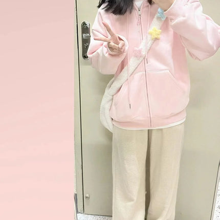 Autumn Winter Thickened Fleece Hooded Sweatshirt Lazy Style Solid Color Open Cardigan Zipper Top Women's Pink Sweatshirt