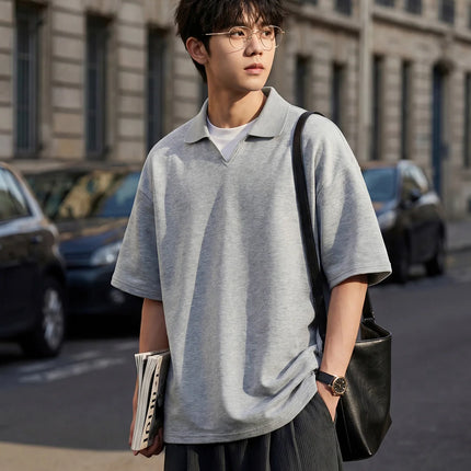 Men's Knitted V-Neck Polo Shirt Retro Solid Short-Sleeved T-Shirt Soft Breathable Loose-Fitting Casual Half-Sleeve T-Shirt