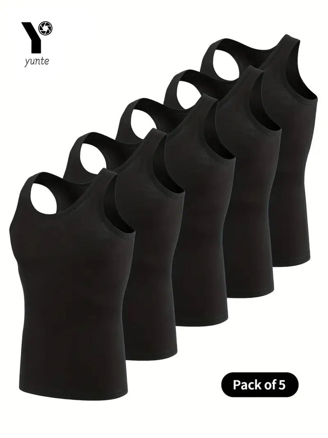 Men's Vest Black 5-Piece Breathable Quick-Drying Polyester Fiber Sports Vest Suitable for Gym Running and Training Casual Pure C
