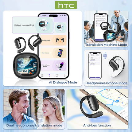 Bluetooth V6.0 Wireless Earphones Open-ear Ai Translator Headphones Full HD LCD Display HTC NE58 Clear Sound More Comfortable