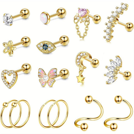Drperfect 1pc Stainless Steel 16G Cartilage Earrings Stud Hypoallergenic Stainless Steel Stud Earrings Butterfly Heart Piercing