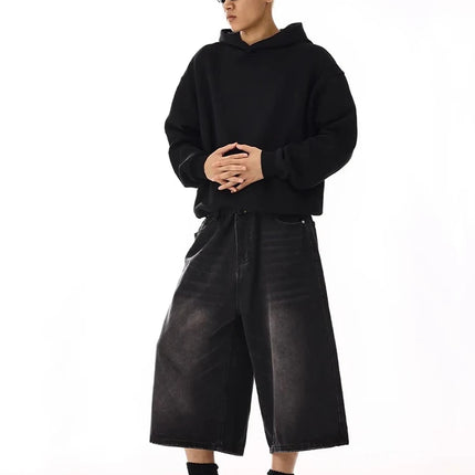 REDDACHiC Plus Size Men's Jeans Jorts Black Whiskers Cleanfit Wide Leg Casual Short Pants Hip Hop Skater Retro Summer Clothes