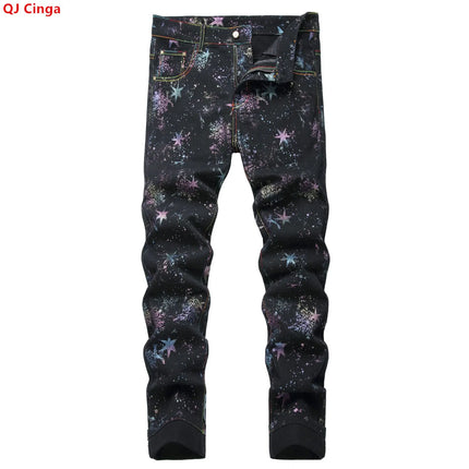 Men's Black Jeans for Spring and Fall, Checkered Print Pants, Stylish Casual Trousers, Asian Sizes 28–42.