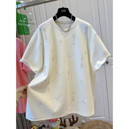 2026 Spring and Summer New Style Pure Cotton Loose Beaded Short-sleeved Fashionable T-shirt Female Top