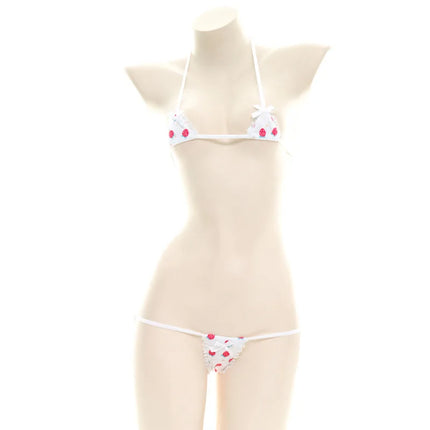 Erotic Fun Strawberry Costumes Bra Sexy Lingerie Lolita Kawaii Cosplay Pink White Striped Mini Bikini Women Underwear Japanese