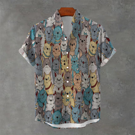 Men's New Short-Sleeved Shirt, Cartoon Cat Print, Hawaiian Style Casual Vacation Lapel Top, Wrinkle-Resistant and Non-Iron.