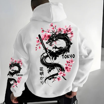New Men's Anime Dragon Cherry Blossom Printed Hooded Sweatshirt Winter Fleece Warm Casual Street Comfort Inspired Design Hoodie