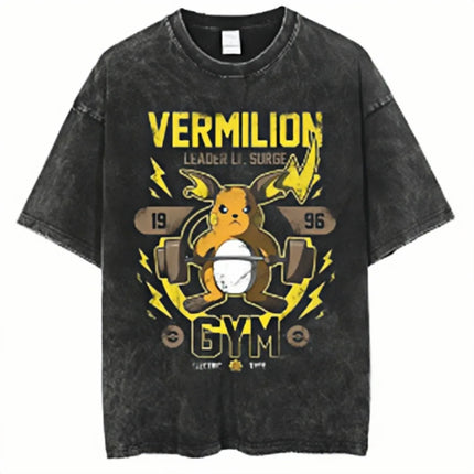 Muscle Raichu Pokemon Acid Wash T-Shirt Gym Theme Print Oversized Loose Tees Unisex Sporty Streetwear Plus Size Tops For Men