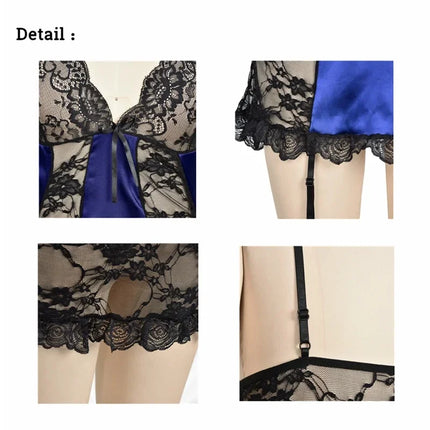 S-5XL Plus Size Sexy Pajamas for Women Lace Satin Stitching Slip Nightdress Deep V-Neck Suspender Babydolls See Through Lingerie