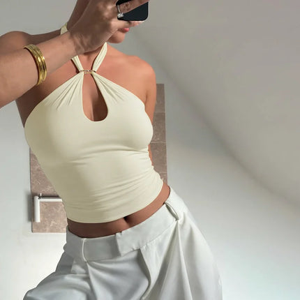 Hugcitar Women's Fashion Halter Solid Loop Backless Bandage Sexy Crop Tank Top 2025 Summer Casual Clothes Streetwear Vacation Club