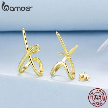BAMOER 925 Sterling Silver X Stud Earrings for Women, 18K Gold Plated Hypoallergenic Earrings Chic Jewelry Gift for Daily Wear