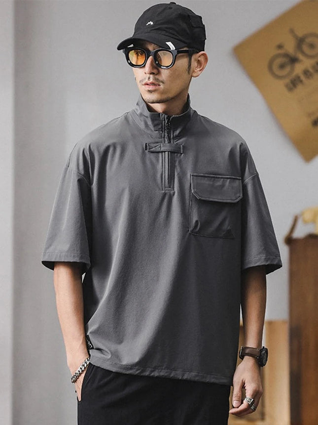 Summer Men's Casual Half-zip Short Sleeve Polo Shirts High Street Fashion Pocket Polos T-shirt Y2K Vintage Oversized Tee Tops