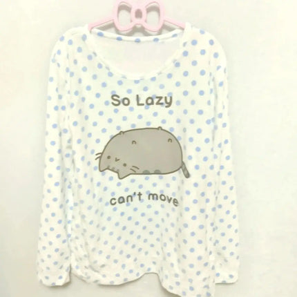 Japanese Polka Dot Cute Lazy Cat Print Loose T-shirt Aesthetics Kawaii Cartoon Tops Women's Sweet Harajuku Grunge Tees Y2k Tops