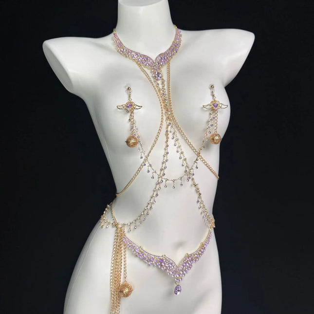 Purple Crystal Necklace with Nipple Clamps and Body Chain Metal Material Bells SM Nipple Stimulation Adult Toy Couples' Teasing