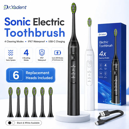 Dr.Yadent YD05 Sonic Toothbrush Gentle to Adult Gum 4 Modes 6 Soft Bristles Heads 2 Mins SmartTimer with Fast USB-C Rechargeable