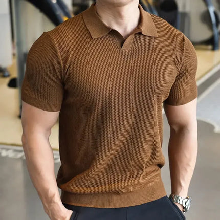 Summer Thin Knitted Polo Shirt Casual Short Sleeve Men's Loose Fit Top Vintage Wave Texture Loose Comfortable Summer Wear