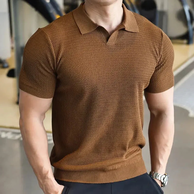 Summer Thin Knitted Polo Shirt Casual Short Sleeve Men's Loose Fit Top Vintage Wave Texture Loose Comfortable Summer Wear
