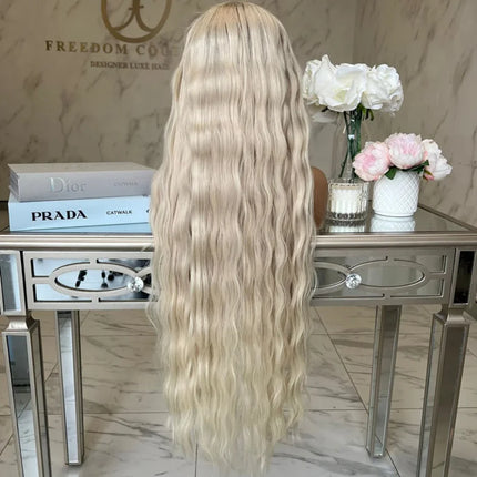 Long Natural Ash Blonde Curly Short Dark Root Ash Blonde Body Wave Wig Ombre HD Invisible Lace Front Wig Layered Middle Part Wig
