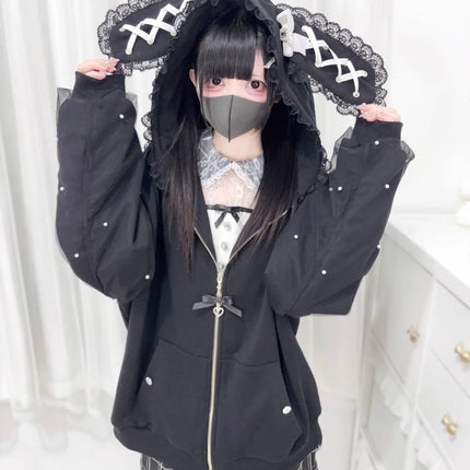 Japanese Sweet Coats Y2K Clothing Hoodie Women Tops Autumn and Winter Color Match Splicing with Thick Velvet Cardigan Jackets