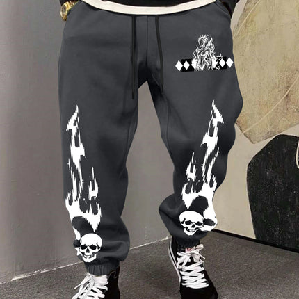 Men's Gothic Skull Flame Lady Figure Rhombus Print Sweatpants Elastic Waist Soft Dark Punk Street Hip Hop Joggers