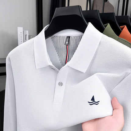 100% Pure Cotton Men's New Long Sleeve Polo Spring Business Golf Versatile Luxury Comfortable Delicate Sailboat Embroidered Top