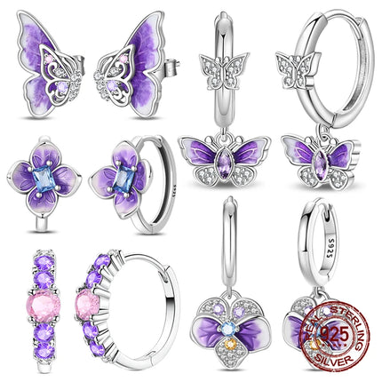 925 Sterling Silver Purple Butterfly Rainbow Flower Stud Earrings for Women Girl Ear Studs Jewelry Fashion Luxury Anniversary