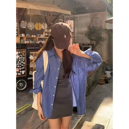 Blue Plaid Casual Sle Women's irt Jaet Loose Fit Autumn Outerwear Open Cardigan Top Seasonal Collection  Collar