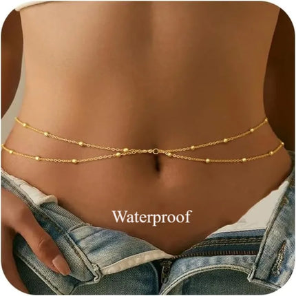 Waist Chain for Women Waterproof, 14K Gold Plated STAINLESS STEEL Layered Belly Chain Sexy Bikini Satellite Beads Body Jewelry