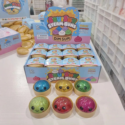 Glitter Dumpling Squishy with Box Dumplings Sensory Steamer Soft TPR Dough Ball for Decompression Fidget Toy Stress Relief Gift