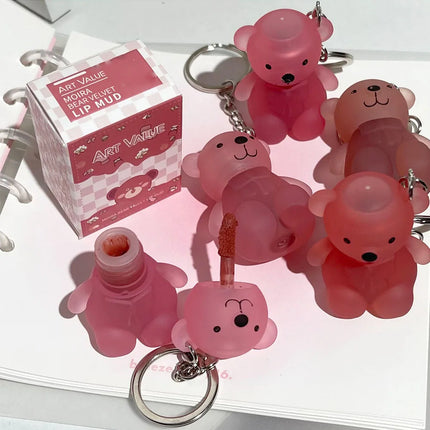Cute Bear Velvet Lip Mud Keychain Matte Nude Red Lip Gloss Autumn Winter Non-stick Cup Lipstick Waterproof Lasting Lips Makeup